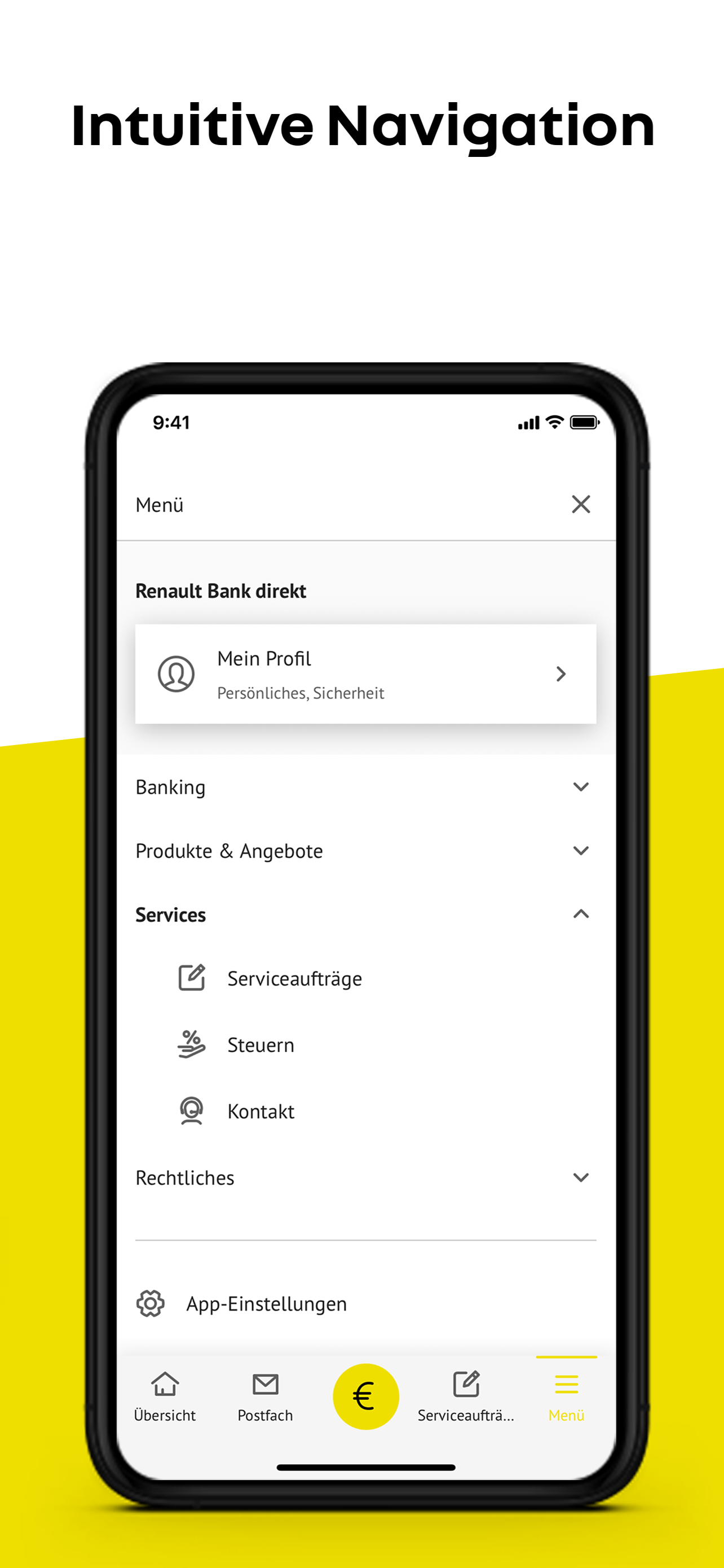 Screenshot der Renault Bank direkt Banking App: Einblick in den Menüpunkt Services